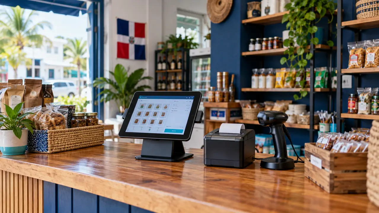 Sistema POS con impresora y lector en un comercio dominicano